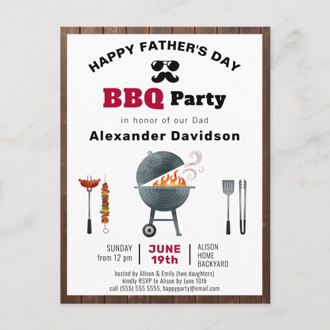 Rustic Wood Father's Day BBQ Invitation Postcard (Front)