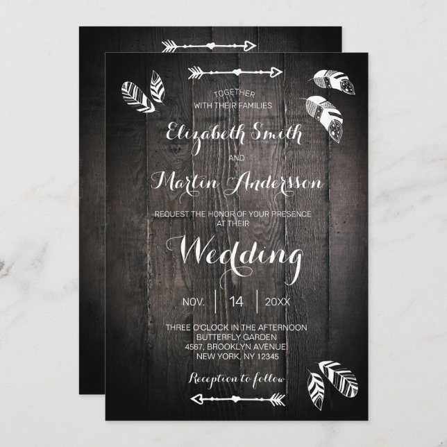 Rustic wood feather simple wedding invitation (Front/Back)