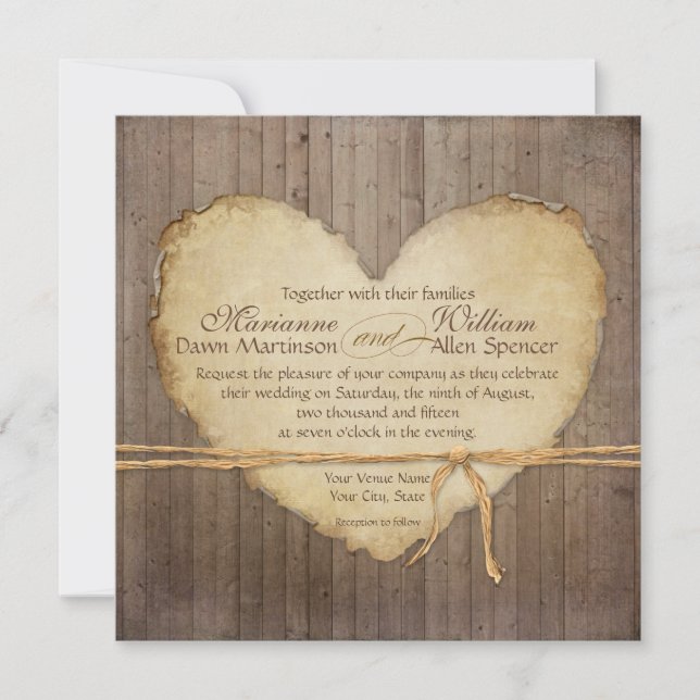 Rustic Wood Fence Boards Heart Antiqued Parchment Invitation (Front)