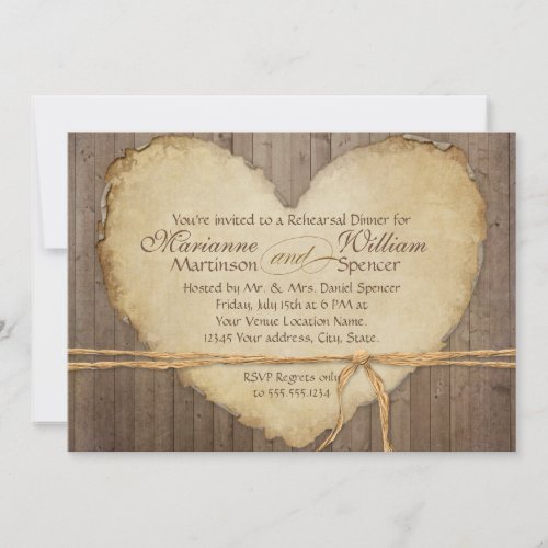 Rustic Wood Fence Boards Heart Rehearsal Dinner Invite