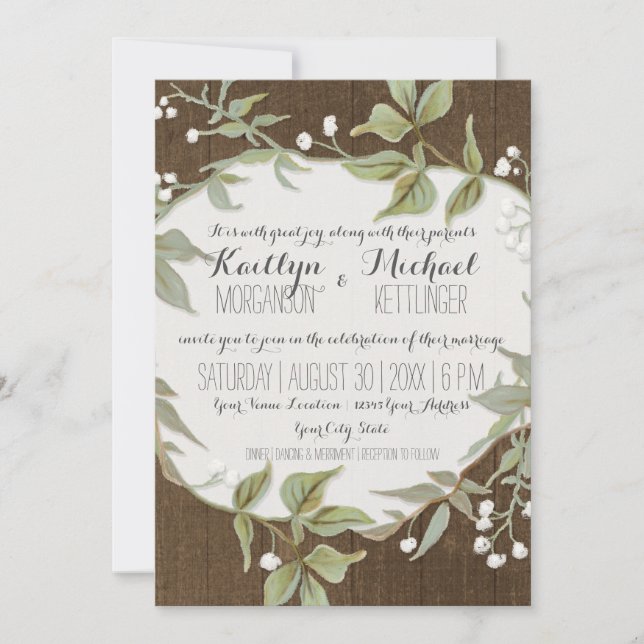 Rustic Wood Fence Laurel Leaf Wreath Wedding Invitation (Front)