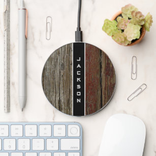 Rustic Wood Fence-Monogram in Black and White Wireless Charger