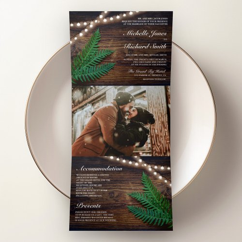 Rustic Wood Fern Greenery String Lights Wedding Tri_Fold Invitation