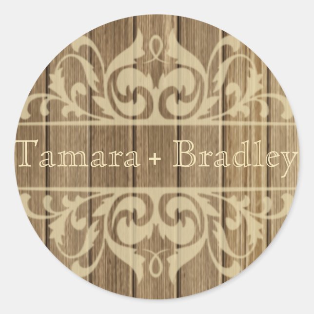 Rustic Wood Filigree Designer | brown tan Classic Round Sticker (Front)
