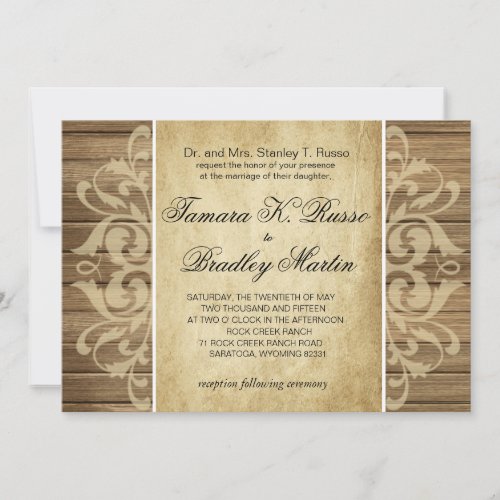 Rustic Wood Filigree Wedding  brown tan Invitation