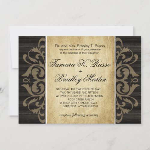 Rustic Wood Filigree Wedding  ebony tan Invitation