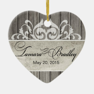 Rustic Wood Filigree Wedding Photo grey Ceramic Ornament
