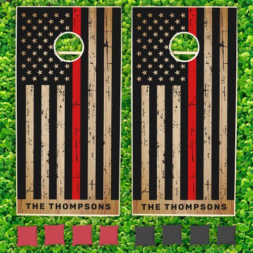 Rustic Wood Firefighter Flag Thin Red Line Cornhole Set