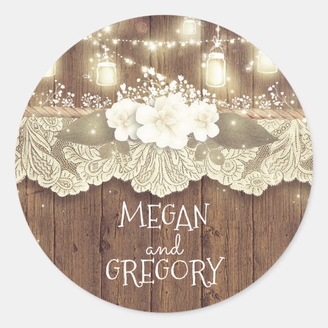 Rustic Wood Fireflies Mason Jars Barn Wedding Classic Round Sticker (Front)