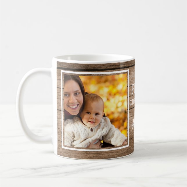 Rustic Wood First Christmas As Aunt 2 Photo Coffee Mug (Left)