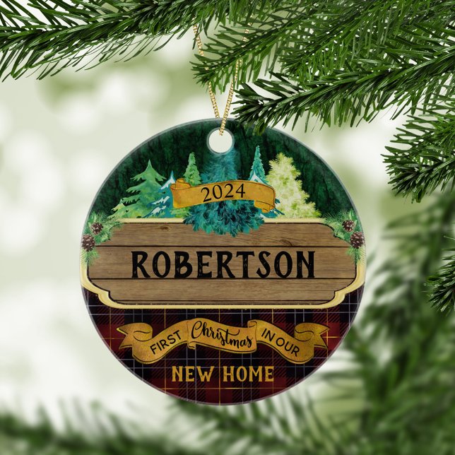Rustic Wood First Christmas New Home Ceramic Ornament (Creator Uploaded)