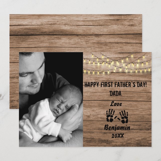 Rustic Wood First Father's Day Custom Photo Holida Holiday Card (Front/Back)