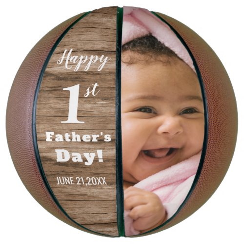 Rustic Wood First Fathers Day Personalized  Photo Basketball