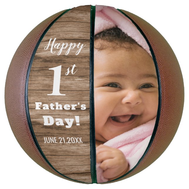 Rustic Wood First Father's Day Personalized  Photo Basketball (Vertical)