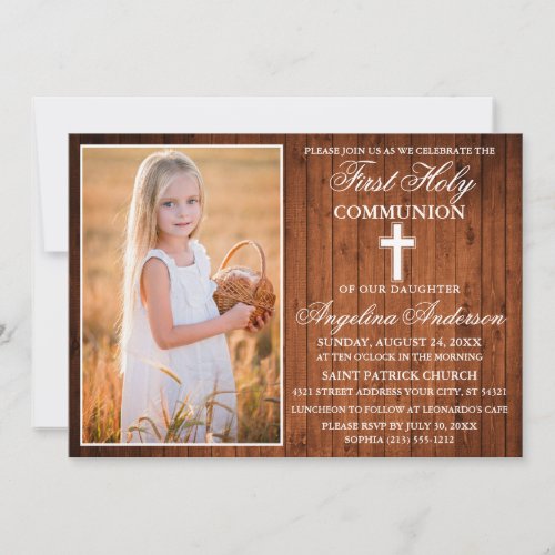 Rustic Wood First Holy Communion Photo Invitation