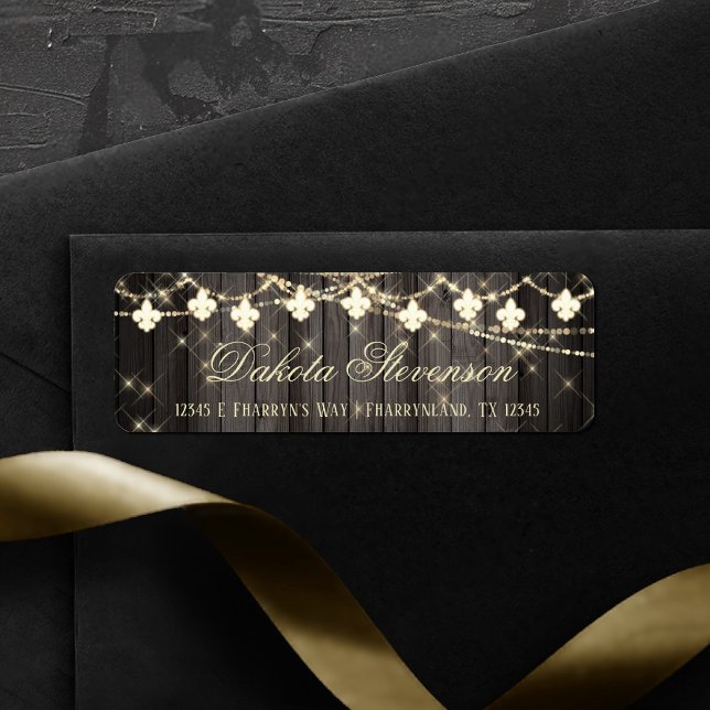 Rustic Wood Fleur de Lis Lights | Party Address Label (Creator Uploaded)