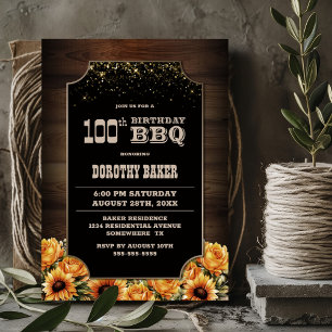 Rustic Wood Floral 100th Birthday BBQ Invitation