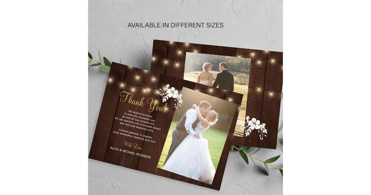 Rustic wood floral 2 photos wedding thank you note card | Zazzle
