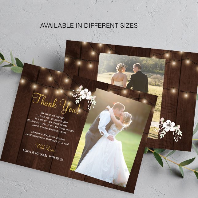 Rustic wood floral 2 photos wedding thank you note card (Creator Uploaded)