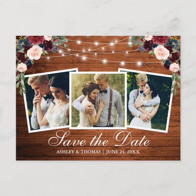 Rustic Wood Floral 3 Photo Save The Date Invitation Postcard (Front)