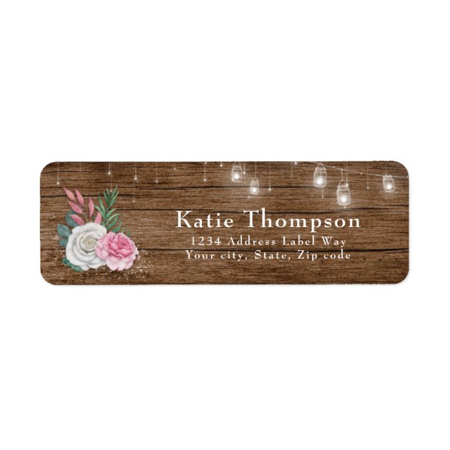 Rustic wood, floral and string lights address label (Front)