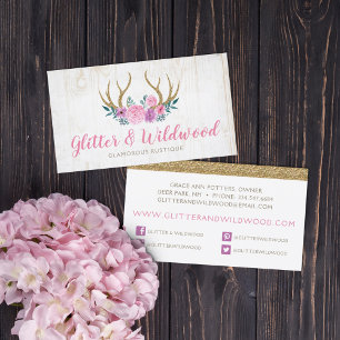 Rustic Wood & Floral Antlers Boutique Social Media Business Card