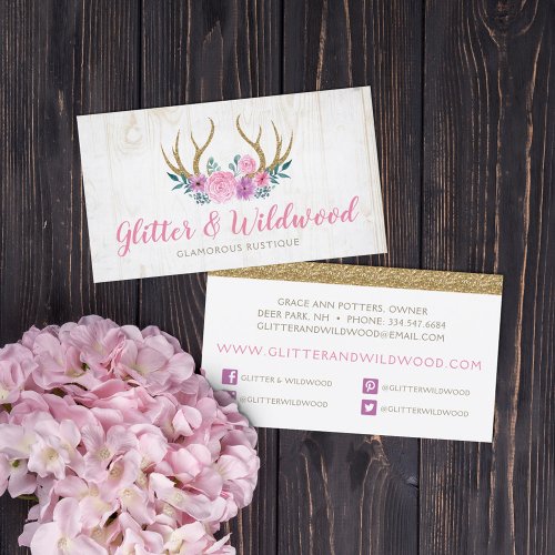 Rustic Wood  Floral Antlers Boutique Social Media Business Card