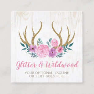 Rustic Wood & Floral Antlers Boutique Social Media Square Business Card