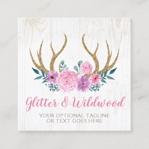 Rustic Wood  Floral Antlers Boutique Social Media Square Business Card