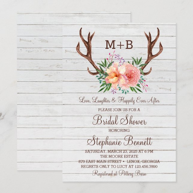 Rustic Wood Floral Antlers Bridal Shower Invitation (Front/Back)