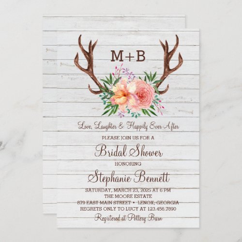 Rustic Wood Floral Antlers Bridal Shower Invitation