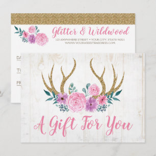 Rustic Wood & Floral Antlers Gift Certificate Card