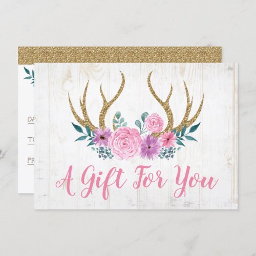 Rustic Wood  Floral Antlers Gift Certificate Card