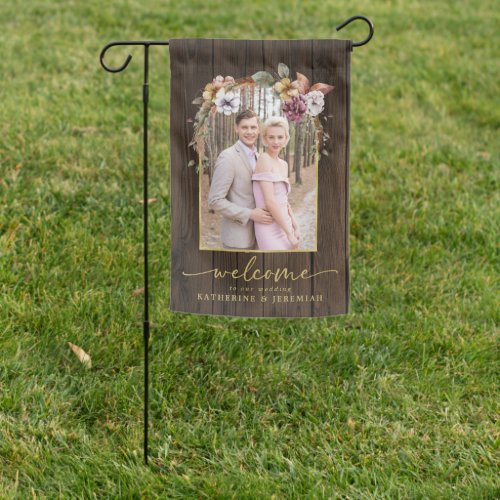 Rustic Wood Floral Arch Photo Wedding Welcome Garden Flag