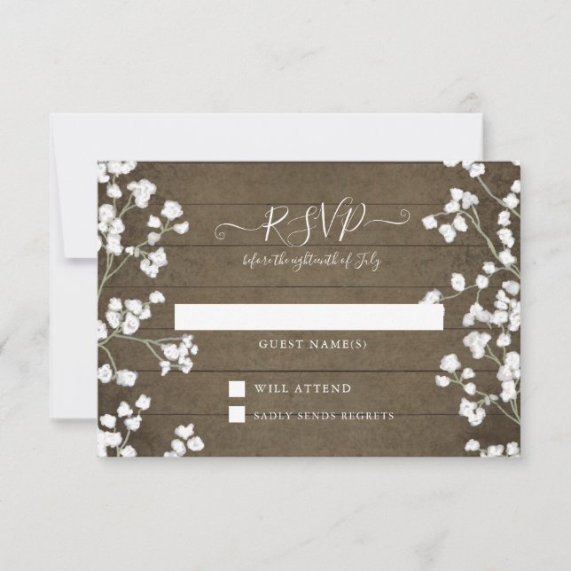 Rustic Wood Floral Babys Breath Baby Shower RSVP (Front)