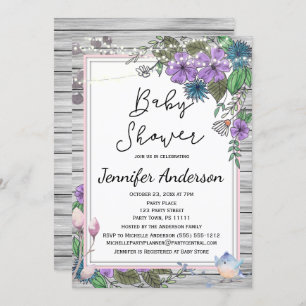 Rustic Wood Floral Birds Lights Baby Shower Invitation