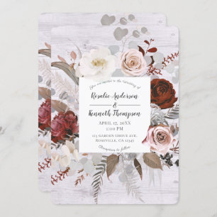 Rustic Wood Floral Blooms Blush Grey Red Wedding Invitation