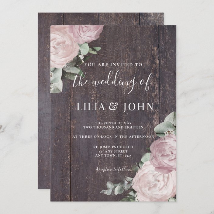 Rustic Wood Floral Blush Dusty Rose Wedding Invitation 