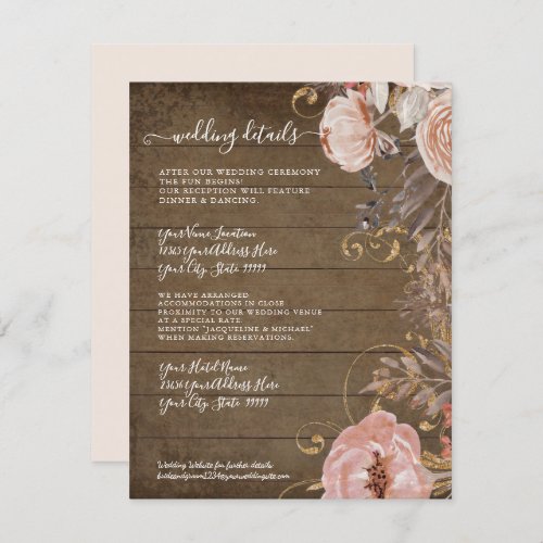 Rustic Wood Floral Blush Rose Gold Wedding Details Invitation
