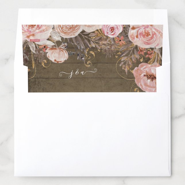 Rustic Wood Floral Blush Rose Gold Wedding Invite Envelope Liner (In Envelope)