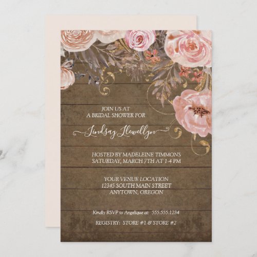 Rustic Wood Floral Boho Rose Gold Bridal Shower Invitation