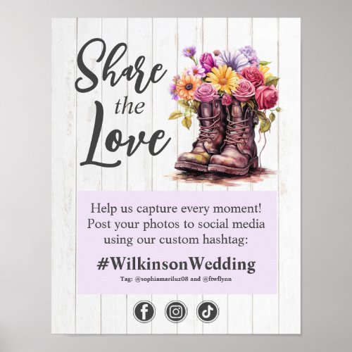 Rustic Wood Floral Boot Wedding Hashtag Photo Sign