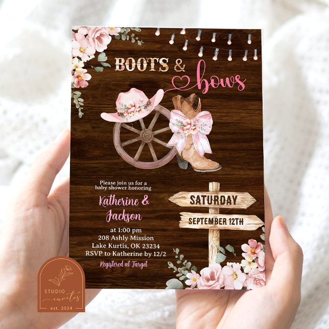 Rustic Wood Floral Boots and Bows Baby Shower Invitation (Creator Uploaded)