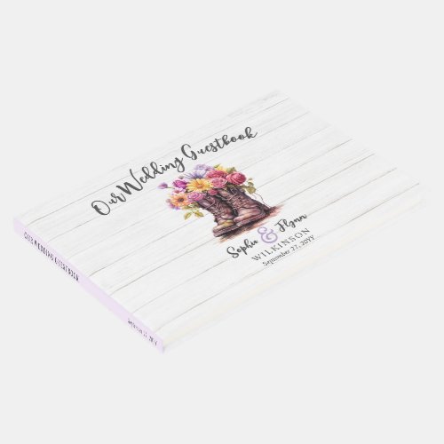 Rustic Wood  Floral Boots Country Farm Wedding Guest Book