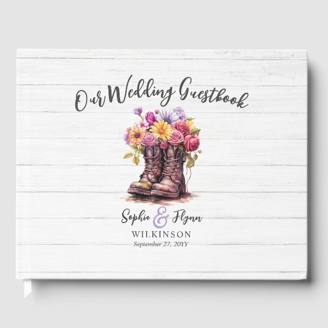 Rustic Wood & Floral Boots Country Farm Wedding Guest Book (Front)