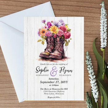 Rustic Wood & Floral Boots Country Farm Wedding Invitation by CyanSkyCelebrations at Zazzle
