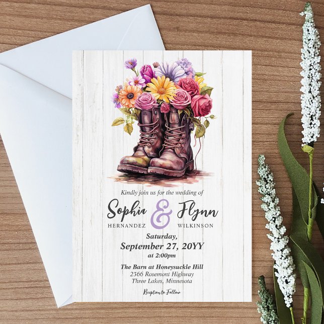 Rustic Wood & Floral Boots Country Farm Wedding Invitation (Creator Uploaded)