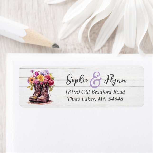 Rustic Wood & Floral Boots Country Farm Wedding Label (Insitu)