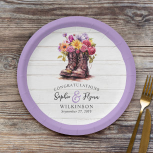 Rustic Wood & Floral Boots Country Farm Wedding Paper Plates