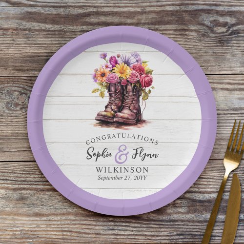 Rustic Wood  Floral Boots Country Farm Wedding Paper Plates
